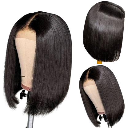 Yoyo Crown black straight bob lace front wig with a natural middle part on a mannequin head