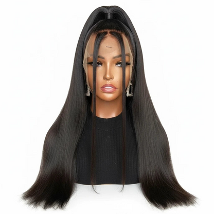 Yoyo Crown black long straight lace front wig styled in a half-up ponytail on a mannequin head.