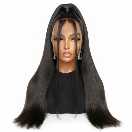 Yoyo Crown black long straight lace front wig styled in a half-up ponytail on a mannequin head.