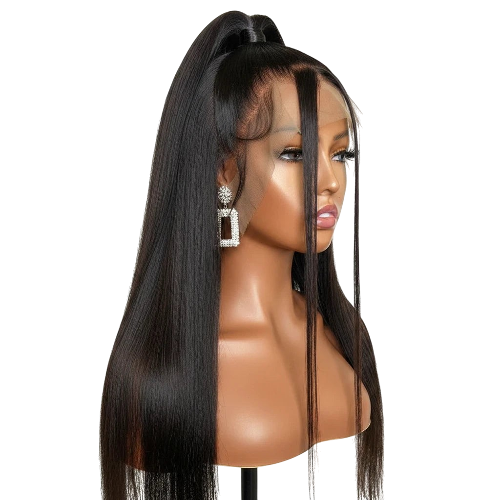 Yoyo Crown black long straight lace front wig on a mannequin head styled in a sleek half-up ponytail