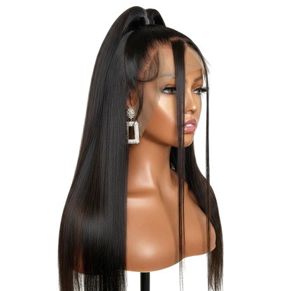 Yoyo Crown black long straight lace front wig on a mannequin head styled in a sleek half-up ponytail