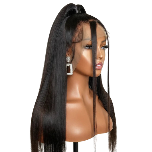 Yoyo Crown black long straight lace front wig on a mannequin head styled in a sleek half-up ponytail
