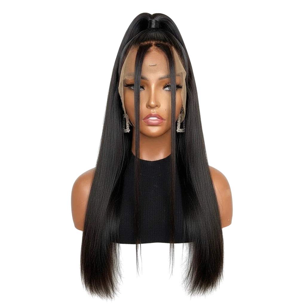 Yoyo Crown black long straight lace front wig styled in a half-up ponytail on a mannequin with a natural hairline.