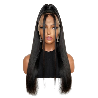 Yoyo Crown black long straight lace front wig styled in a half-up ponytail on a mannequin with a natural hairline.