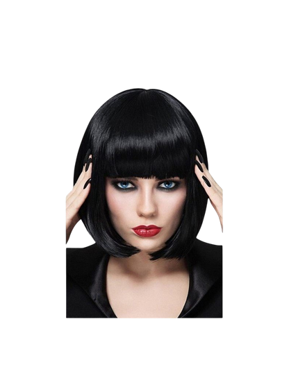 Yoyo Crown black synthetic short bob wig with straight bangs worn by a model with red lipstick and black nails