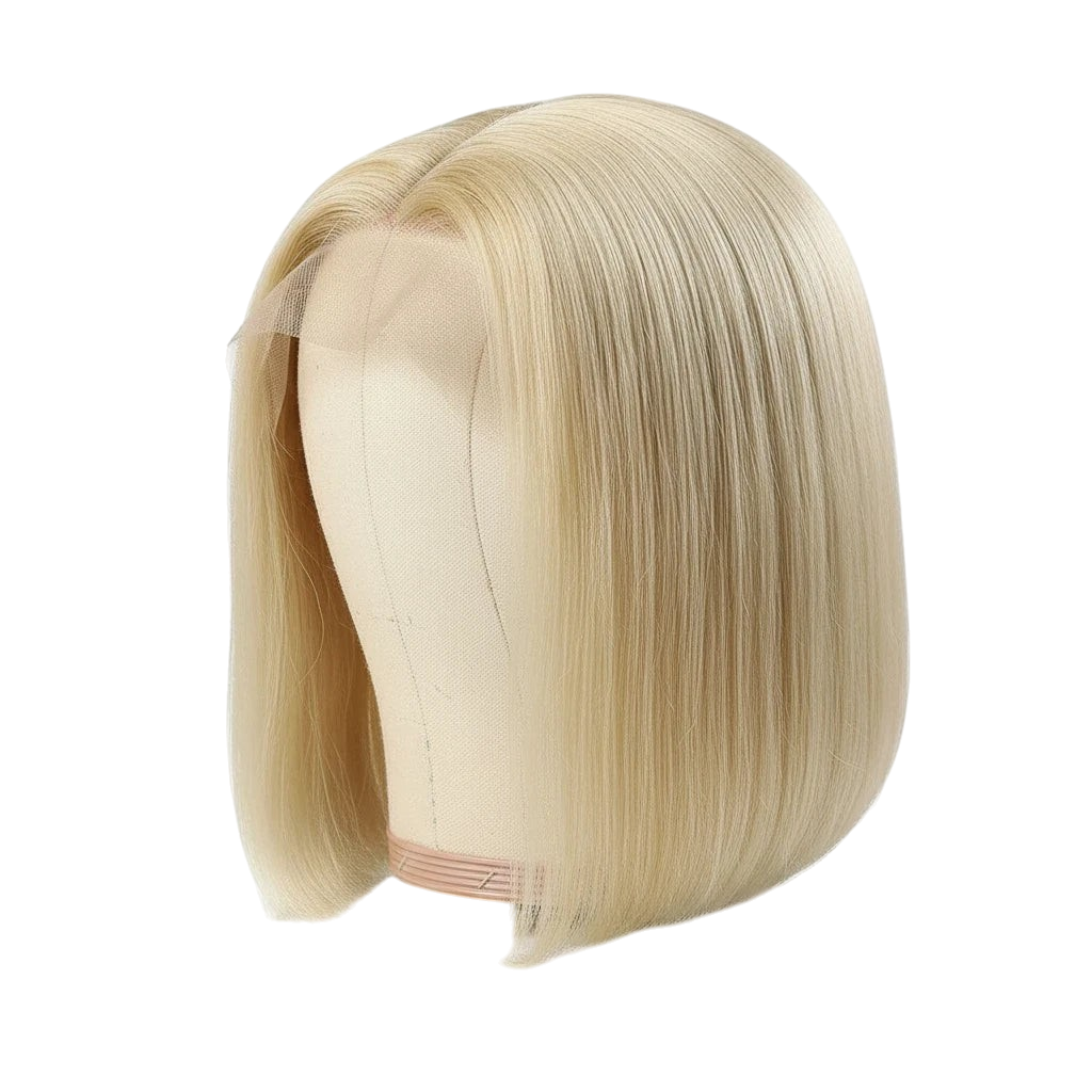 Yoyo Crown 613 blonde straight bob lace front wig on a mannequin head with a natural hairline.