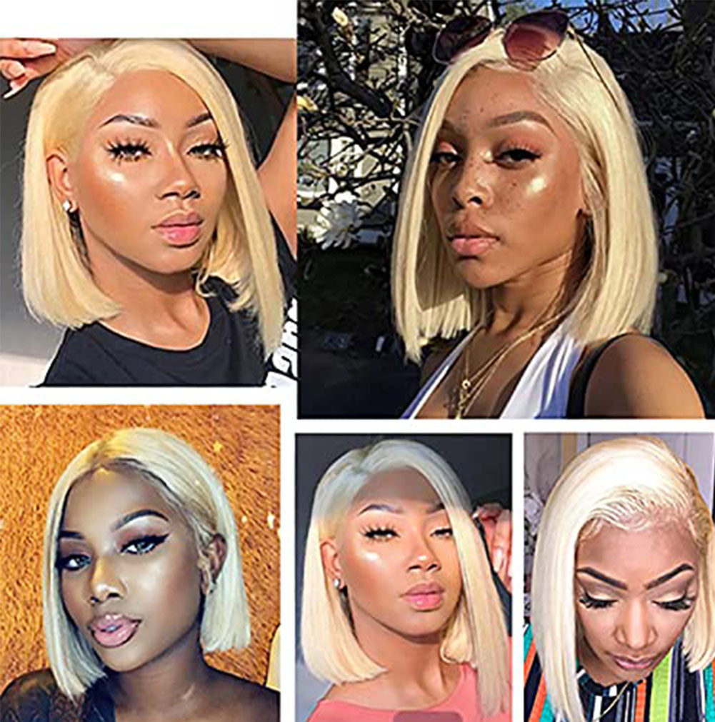 Yoyo Crown 613 blonde straight bob wig with 13x2.5 front lace on diverse models for a natural hairline look