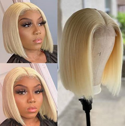 Yoyo Crown 613 blonde straight bob lace front wig with a natural hairline worn by a model