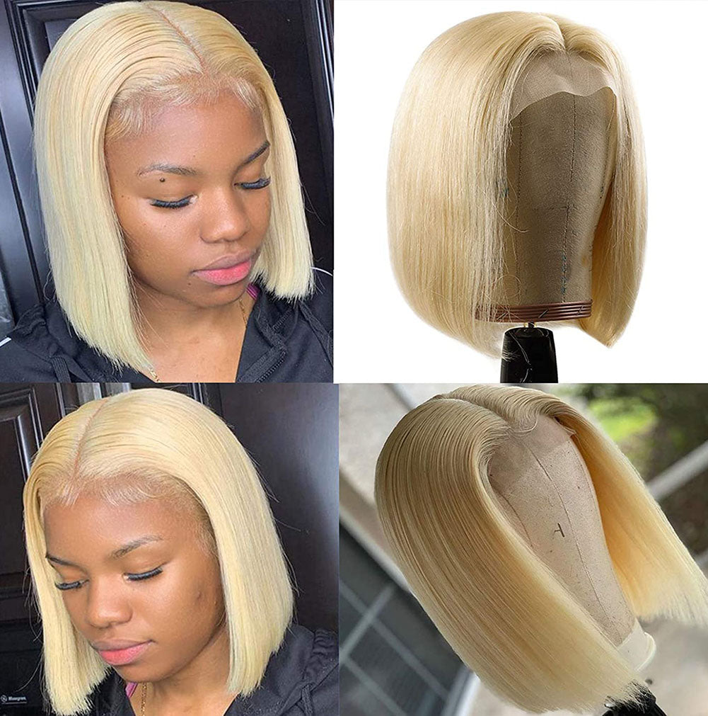 Yoyo Crown 613 blonde straight bob lace front wig with a natural hairline worn by a model and on a mannequin head