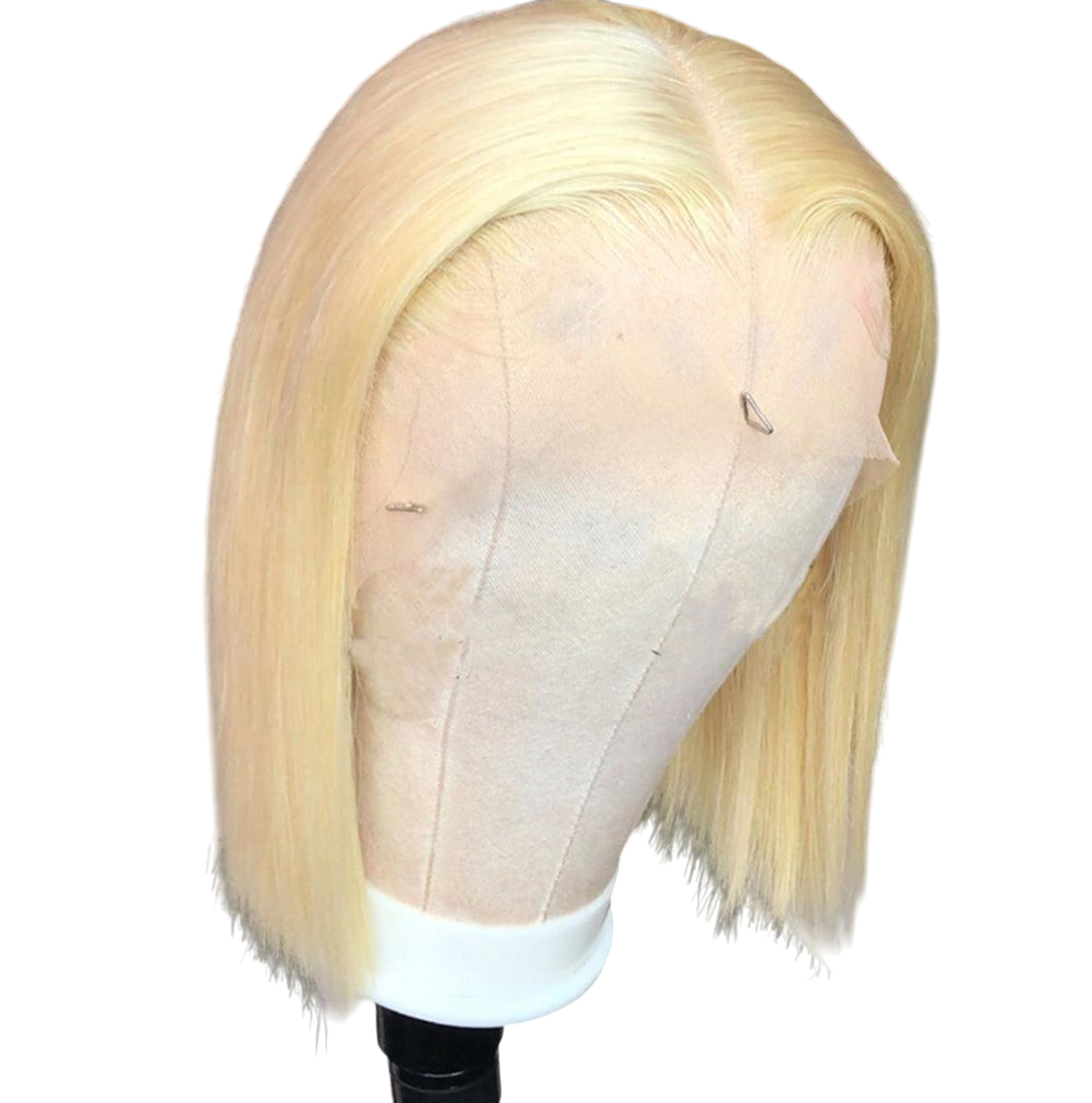 Yoyo Crown 613 blonde straight bob wig with 13x2.5 front lace on a mannequin head