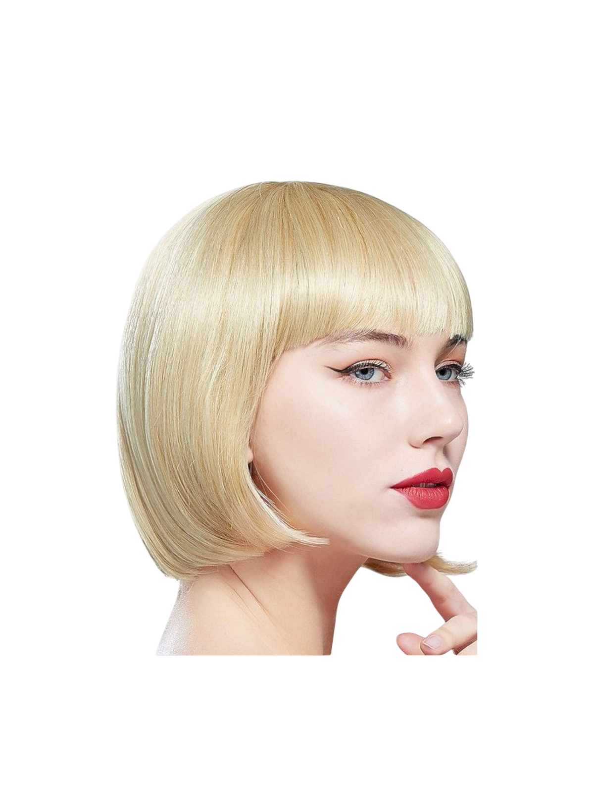 Yoyo Crown blonde synthetic short bob wig with straight bangs worn by a model in profile view