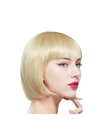Yoyo Crown blonde synthetic short bob wig with straight bangs worn by a model in profile view
