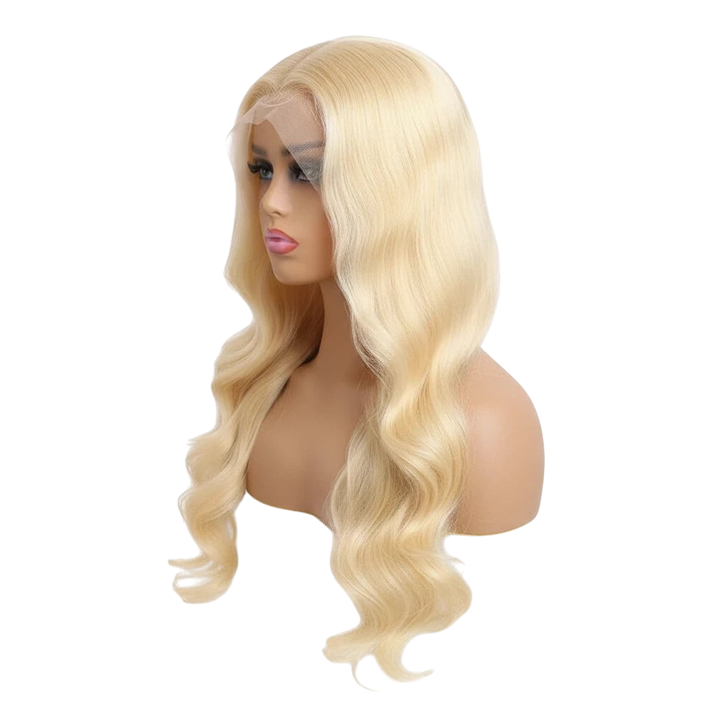 Yoyo Crown 613 blonde body wave lace front human hair wig with pre-plucked hairline on a mannequin head