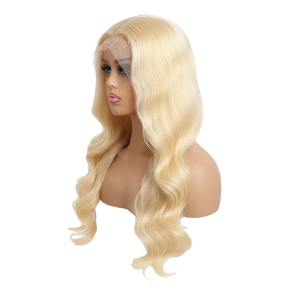 Yoyo Crown 613 blonde body wave lace front human hair wig with pre-plucked hairline on a mannequin head