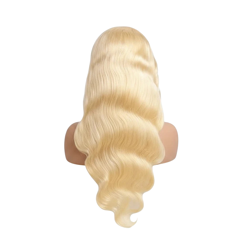 Yoyo Crown 613 blonde body wave human hair lace front wig with 200 percent density shown from the back