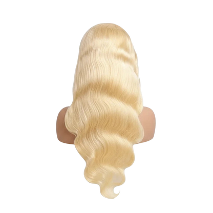 Yoyo Crown 613 blonde body wave human hair lace front wig with 200 percent density shown from the back