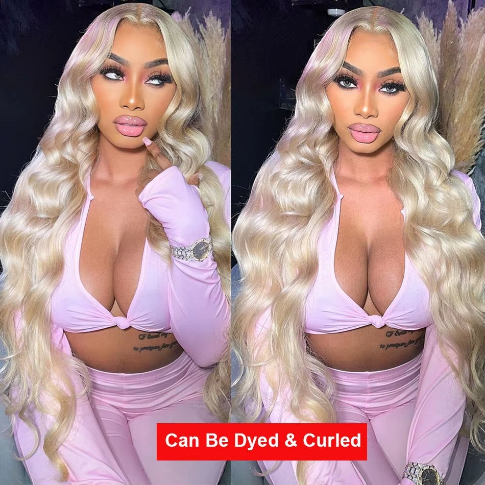 Yoyo Crown 40-inch blonde human hair lace front wig with wavy texture worn by a model in a light purple outfit