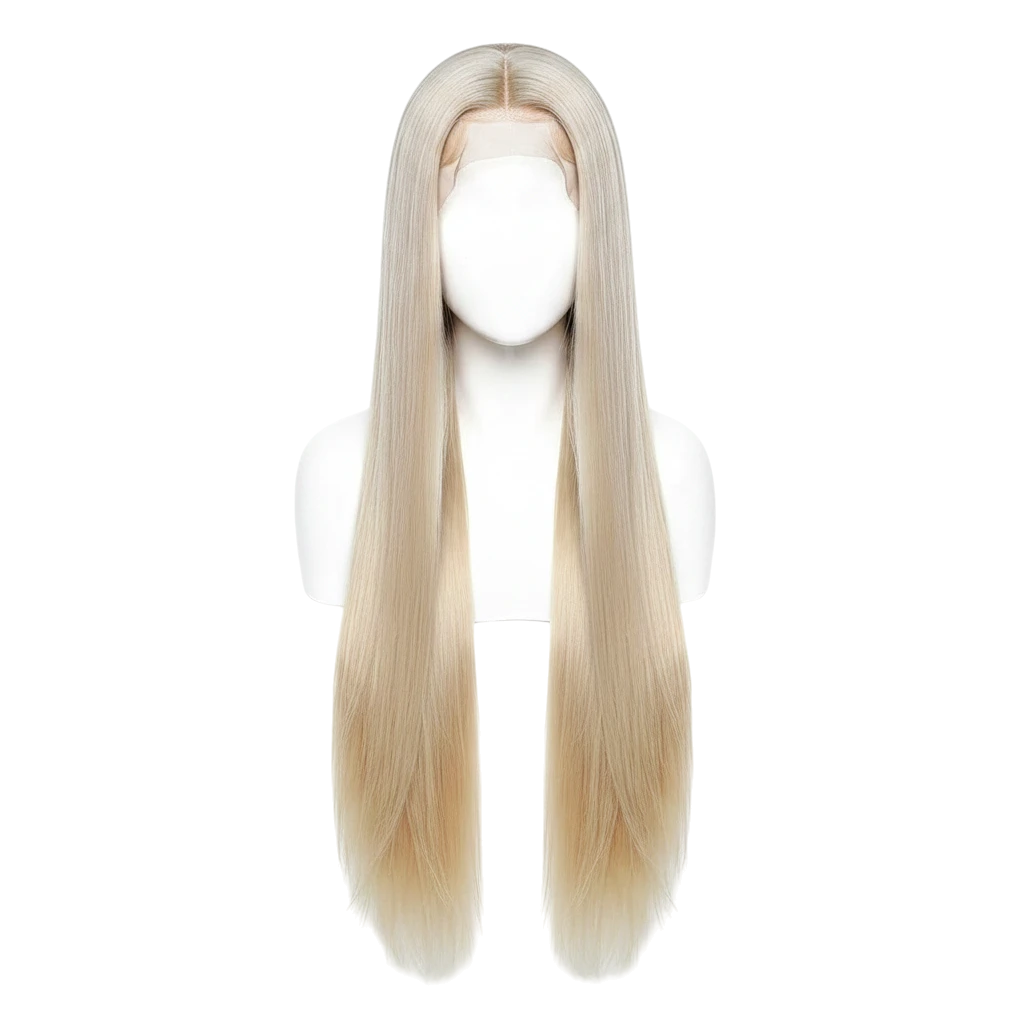 Yoyo Crown 40-inch blonde human hair lace front wig with a natural center part on a mannequin head