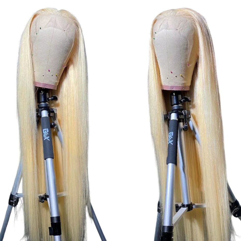 Yoyo Crown 40-inch blonde human hair lace front wig on a mannequin head, featuring a natural HD lace hairline.
