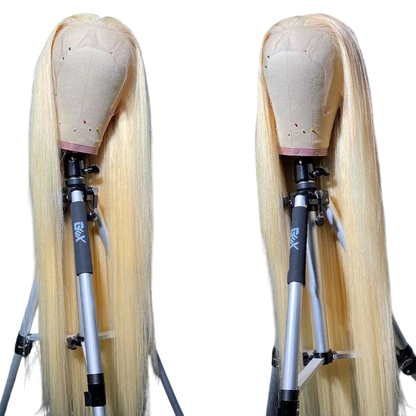 Yoyo Crown 40-inch blonde human hair lace front wig on a mannequin head, featuring a natural HD lace hairline.