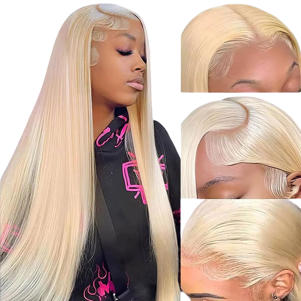 Yoyo Crown 40-inch blonde human hair lace front wig with a natural HD lace hairline on a model.