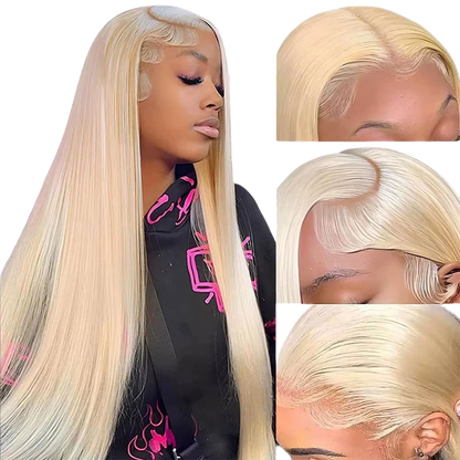 Yoyo Crown 40-inch blonde human hair lace front wig with a natural HD lace hairline on a model.