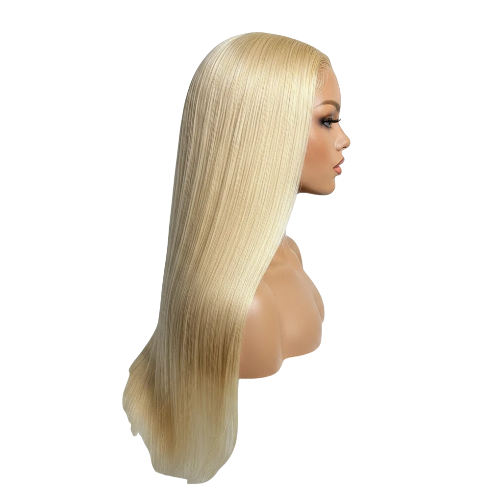 Yoyo Crown 40-inch blonde straight human hair lace front wig on a mannequin head, side profile view.