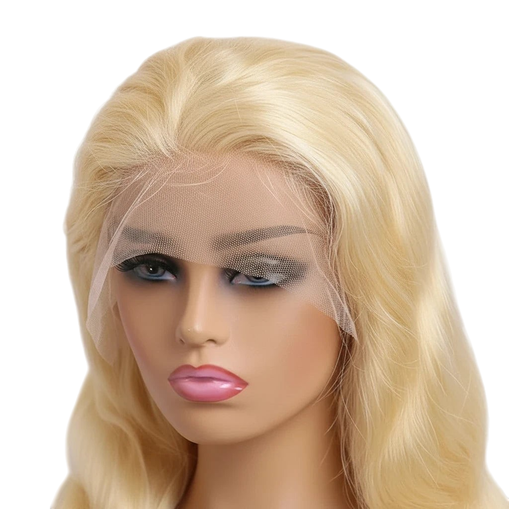 Yoyo Crown 613 blonde body wave lace front wig on a mannequin with a pre-plucked natural hairline and 200% density.
