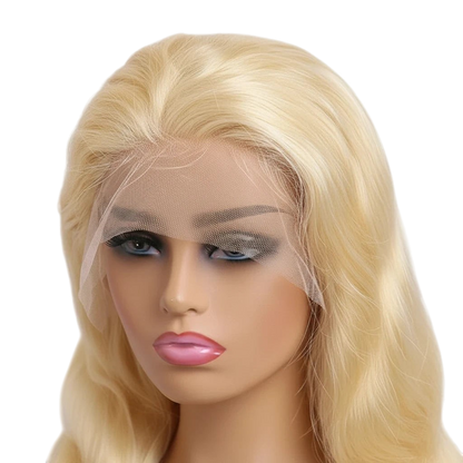 Yoyo Crown 613 blonde body wave lace front wig on a mannequin with a pre-plucked natural hairline and 200% density.