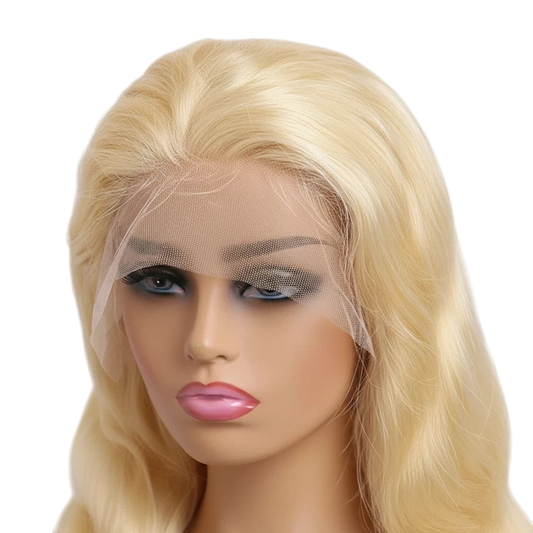 Yoyo Crown 613 blonde body wave lace front wig on a mannequin with a pre-plucked natural hairline and 200% density.