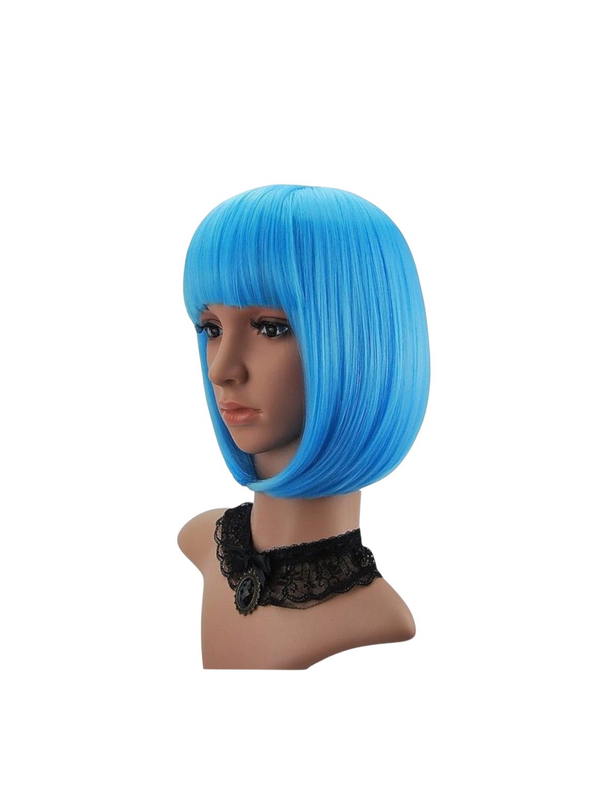 Yoyo Crown vibrant blue short bob synthetic wig with straight bangs on a mannequin head wearing a black lace choker.