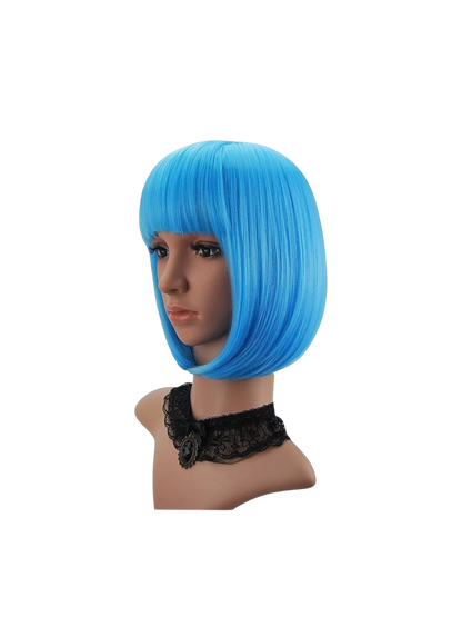 Yoyo Crown vibrant blue short bob synthetic wig with straight bangs on a mannequin head wearing a black lace choker.