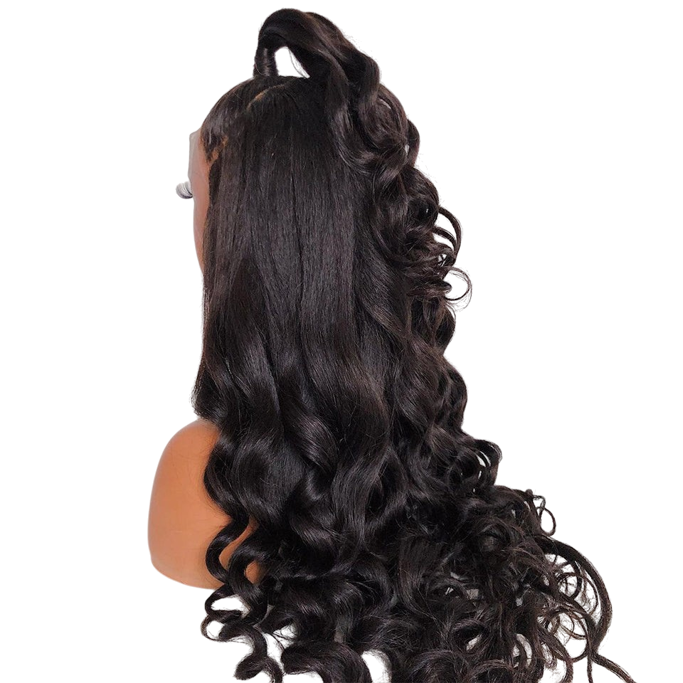 Yoyo Crown body wave lace front wig with long black hair styled in a half-up ponytail on a mannequin head