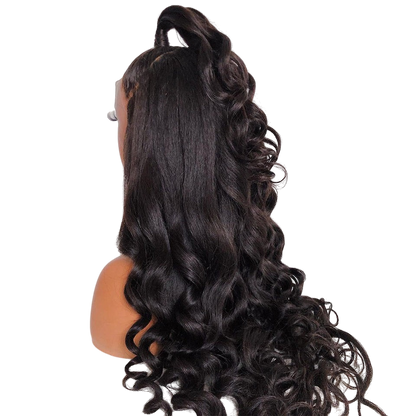 Yoyo Crown body wave lace front wig with long black hair styled in a half-up ponytail on a mannequin head