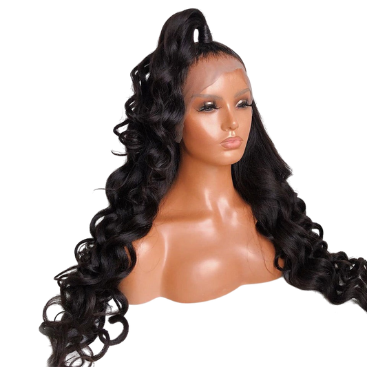 Yoyo Crown body wave lace front wig with a high half-up ponytail style on a mannequin head
