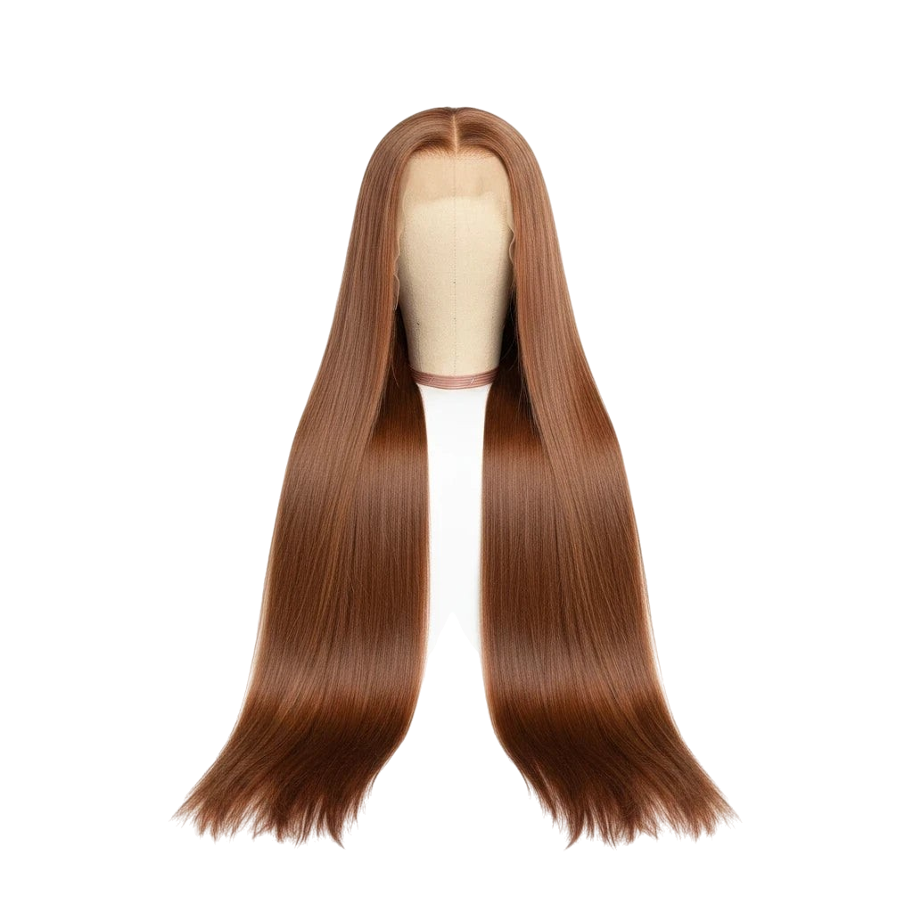 Yoyo Crown straight brown human hair wig with 13x6 lace front on a mannequin head, featuring a natural hairline.