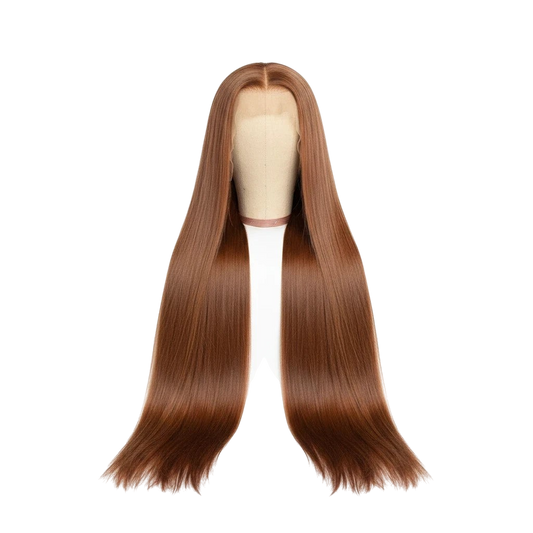 Yoyo Crown straight brown human hair wig with 13x6 lace front on a mannequin head, featuring a natural hairline.