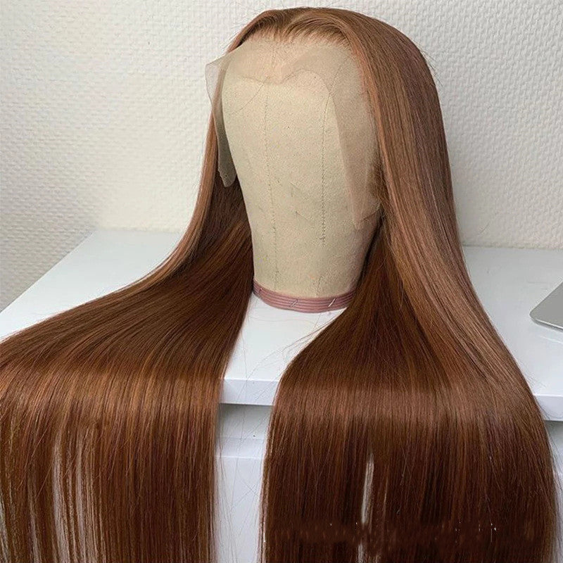 Yoyo Crown brown human hair wig with 13x6 lace front on a mannequin head, featuring long straight silky strands.