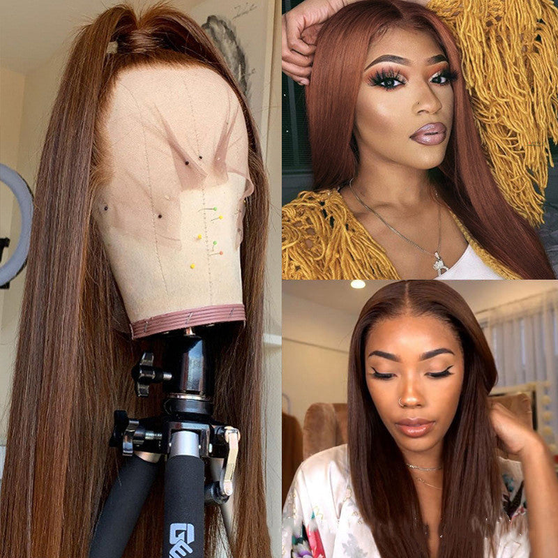 Yoyo Crown brown human hair wig with 13x6 lace front, shown on a mannequin and worn by a model with natural volume.