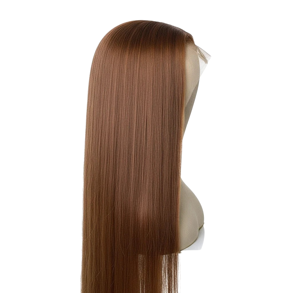 Yoyo Crown brown straight human hair wig with 13x6 lace front on a mannequin head, side view