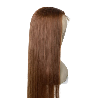 Yoyo Crown brown straight human hair wig with 13x6 lace front on a mannequin head, side view