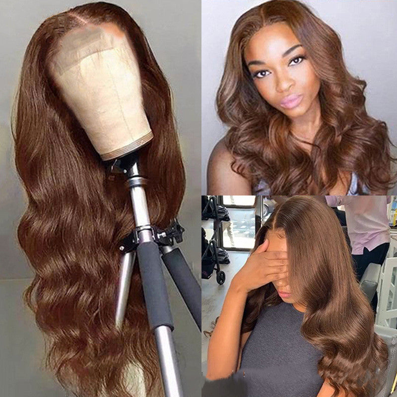 Yoyo Crown brown wavy human hair wig with 13x6 lace front, shown on a mannequin head and worn by a model.