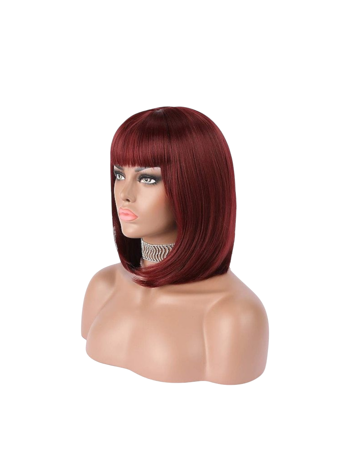 Yoyo Crown short burgundy bob synthetic wig with straight bangs on a mannequin head