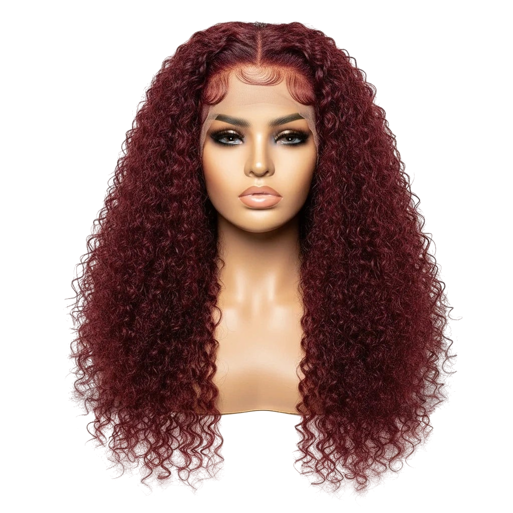 Yoyo Crown burgundy 13x4 lace front wig with long curly hair on a mannequin head against a white background