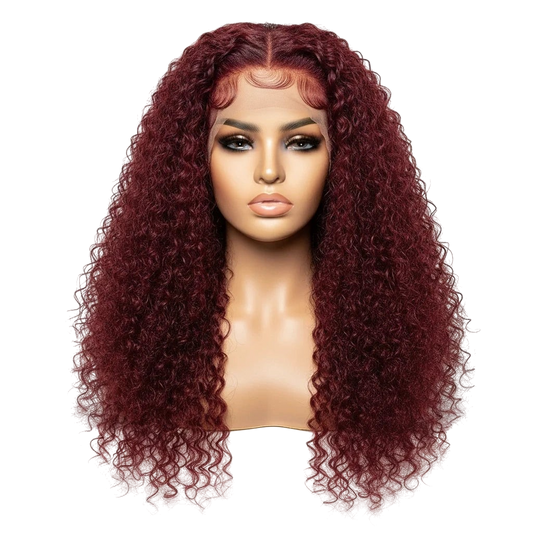Yoyo Crown burgundy 13x4 lace front wig with long curly hair on a mannequin head against a white background