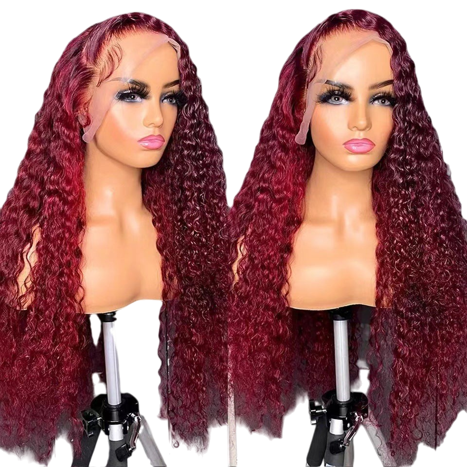 Yoyo Crown burgundy 13x4 lace front wig with long curly synthetic hair on a mannequin head