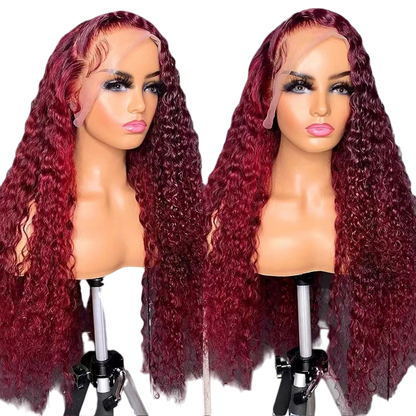 Yoyo Crown burgundy 13x4 lace front wig with long curly synthetic hair on a mannequin head