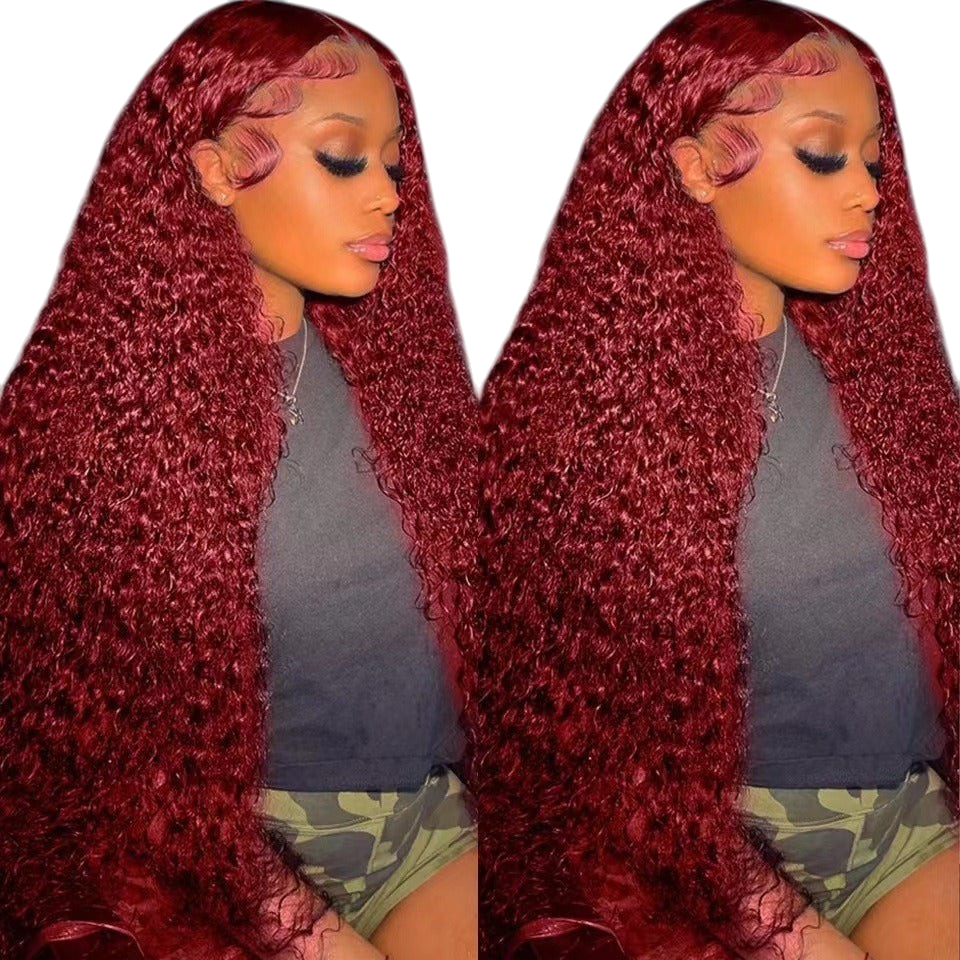 Yoyo Crown burgundy 13x4 lace front wig with long curly synthetic hair and styled baby hairs on a model