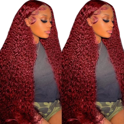 Yoyo Crown burgundy 13x4 lace front wig with long curly synthetic hair and styled baby hairs on a model