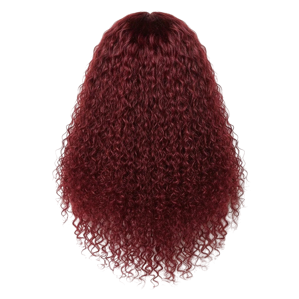 Yoyo Crown 13x4 burgundy lace front wig with long, soft, flowing curls and a natural, realistic hairline.